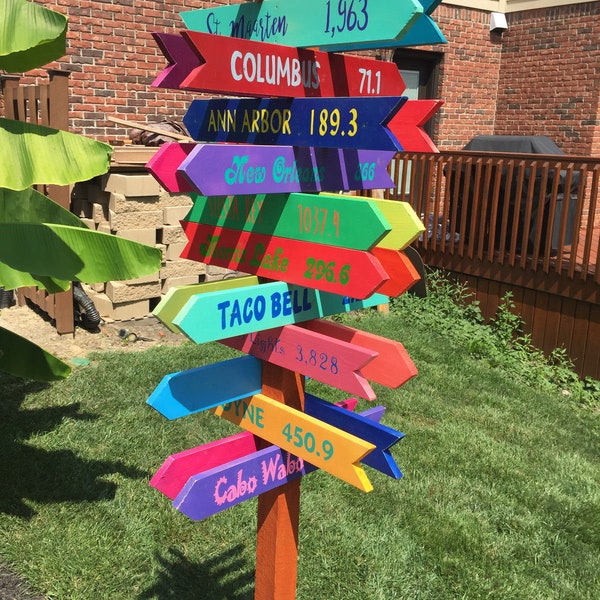 12 Hand painted & cut Wood Directional Signs 24 x 3 1/2 Custom Colors Wording for Sign Post Wedding Beach Backyard Business Mileage