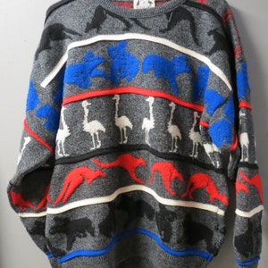 Vintage Hysport Sweater. Australian-size 20/ XL Crazy Wild Colors, Souvenir Sweater, Kangaroos, Kolas, Textured. Wool