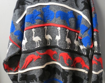 Vintage Hysport Sweater. Australian-size 20/ XL Crazy Wild Colors, Souvenir Sweater, Kangaroos, Kolas, Textured. Wool