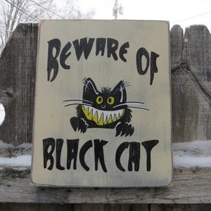 Hand Painted Beware of Black Cat Wood Sign Fun Smiling Cat 10 x 12 Fun for cat lovers image 2