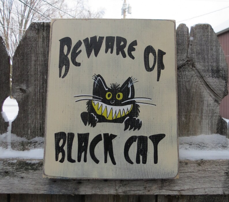 Hand Painted Beware of Black Cat Wood Sign Fun Smiling Cat 10 x 12 Fun for cat lovers image 2