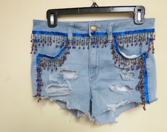 Embellished Denium cut off shorts, Blue Jean,  frayed High Waisted, distressed peekaboo booty shorts Women’s Daisy Duke’s