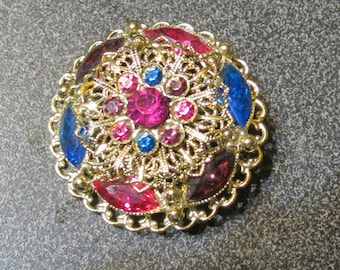 Vintage antique multi color rhinestones brooch pin, Estate Jewelry, Gold tone dome shaped,  Statement Piece, Large brooch,  Funky Pin, Glam