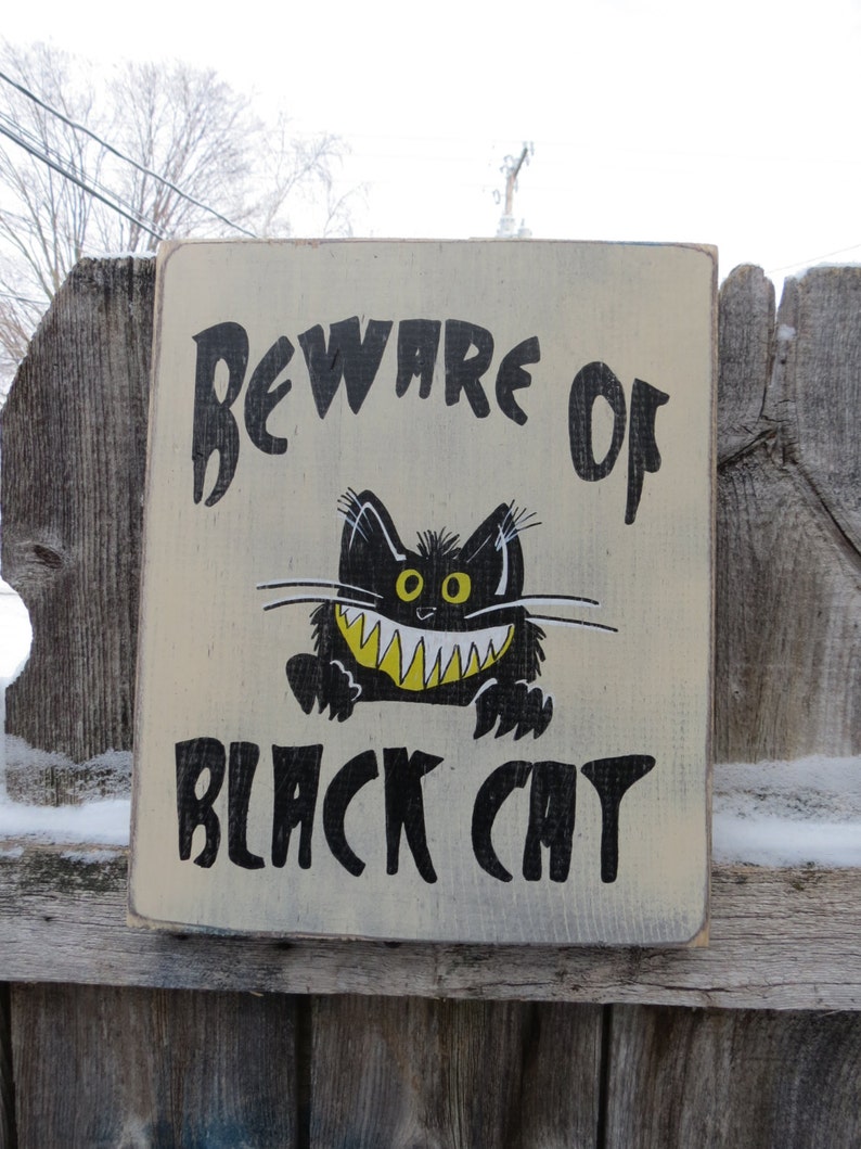 Hand Painted Beware of Black Cat Wood Sign Fun Smiling Cat 10 x 12 Fun for cat lovers image 3