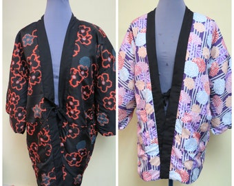 Vintage Oriental Asian Kimono Robe, Short Robe, Cherry Blossoms,  Reversible Kimono Jacket, Puffer Kimono, size Medium