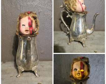 Creepy Doll Head Light Up Halloween Decoration, Upcycled silver Teapot Repurposed Baby Doll,  Zombie , OOAK Haunted, Disfigured,