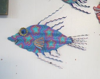 Fun Whimsy Metal Painted Fish wall Art Decor Beach Lake Nautical 11 x 15" Purple Star Fish, Hand Painted Fish, Fish Art