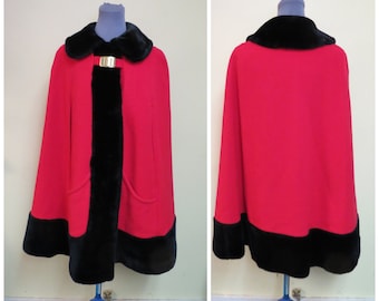 Vintage Juli de Roma Red/black Faux Fur Wool Cape Coat, Fabulous Elegant  Wool  Cape, Cloak, Coat, Womens Cape, OSFA,