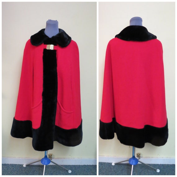 Vintage Juli de Roma Red/black Faux Fur Wool Cape… - image 1