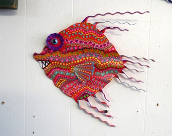 Fun Whimsy Metal Painted Fish wall or Outdoor Art Decor Beach Lake Nautical  11 x 10" Bright  Red Tropical, Fish Art, Metal Fish