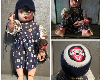 Creepy Doll, Old Doll, 24" tall, Lights Up,  Scary Doll Halloween Decor, Goth Horror Doll, Haunted Decor, cREEPy Clown Hat