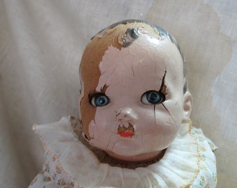 Creepy Doll, Old composition Doll, Ugly, Scary Doll Halloween Decor, PROP, Goth Horror Doll, Haunted Decor, Broken, Vintage Baby Doll