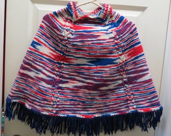 Vintage Childs Hand Knitted by Grandma Poncho Red White Blue Fringed Acrylic Girls Variegated Pattern