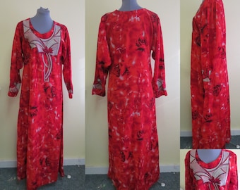 Vintage Handmade Caftan Red Floral Roses Ethnic Egyptian Art Deco Appliques Embroidered  Womens Size Medium