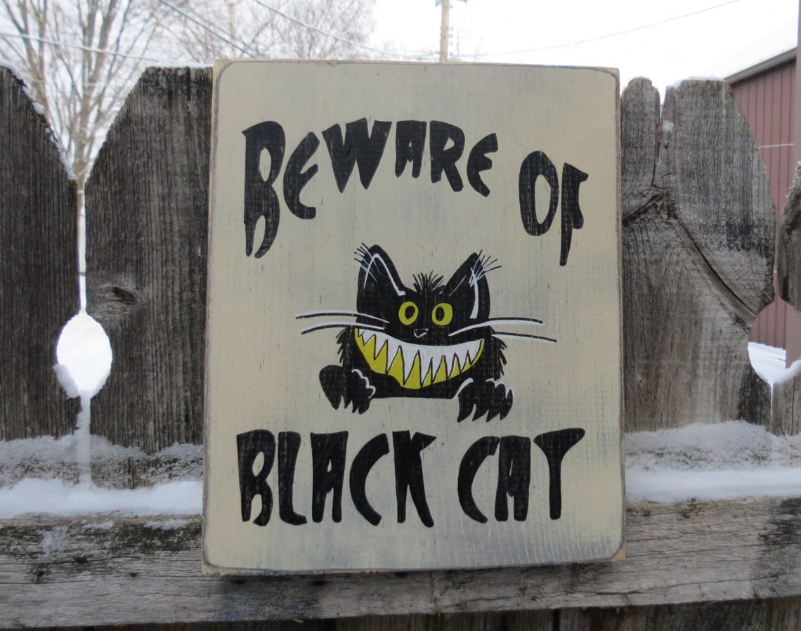 Hand Painted Beware of Black Cat Wood Sign Fun Smiling Cat 10 Etsy