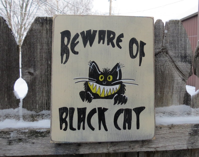 Hand Painted Beware of Black Cat Wood Sign Fun Smiling Cat 10 x 12 Fun for cat lovers image 1