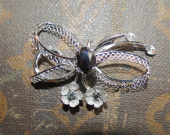 Vintage Sterling Sliver  Filigree style Bow with Flowers Pin Brooch, Marked Star-Art Mirrored rhinstone Estate Jewelry Sterling Silver Pin