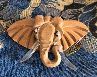 Large Vintage 1940's Carved Wood Elephant Brooch Pin with Clear Lucite Tusks, movable head, gift for her, elephant lover gift