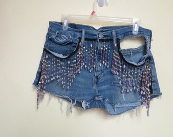 Levi Embellished Denim cut off shorts, Blue Jean,  frayed High Waisted, distressed peekaboo booty shorts Women’s Daisy Duke’s