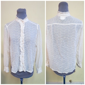 Vintage Sheer White Blouse Eyelet Lace Blouse, Kris Howard, small to Medium, Prairie Chic Blouse Victorian Ruffle Top, Boho, Festival Top,