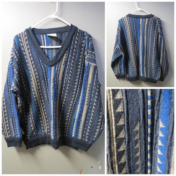 Vintage Toorallie Coogi Style  Sweater. Australian Merino wool-size Mens M Shades of Blue Colors,  Textured, Unisex Ski Skiing Sweater