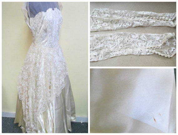 Vintage 50's Ivory Satin and Lace Wedding Dress, … - image 9