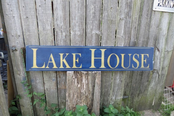 Large Rustic Lake House Sign Hand Painted Wood Sign 4ft X 10 Cottage Lake House Custom Colors Lake Decor Custom Sign Blue Gold