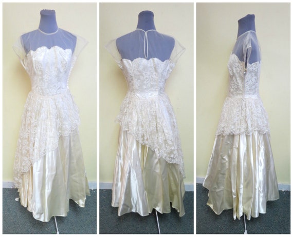 Vintage 50's Ivory Satin and Lace Wedding Dress, … - image 1