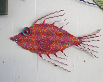 Fun Whimsy Metal Painted Fish wall  Art Decor Beach Lake Nautical 11 x 15" Bright Colorful Tropical Red, Hand Painted Fish, Fish Art