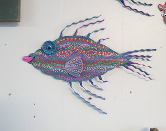 Fish Wall Art, Fun Whimsy -Metal Painted Fish Outdoor Art Decor Beach Lake Nautical 11 x 15" Colorful Tropical, Hand Painted Fish, Fish Art