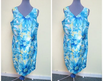 Vintage Expressions Shimmering Sleeveless Watercolor Blues Floral Sheath Summer  Dress Cruise Sz 12 Retro, floral dress, blue floral dress,