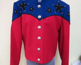 Vintage wool Western Cowgirl, Patriotic Cowboy Jacket, Patti Lewis size large  Silver Concho Button, Western Tunic,  Show Jacket Texas