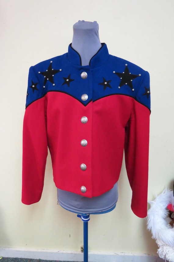 Vintage wool Western Cowgirl, Patriotic Cowboy Jacket, Patti Lewis size large  Silver Concho Button, Western Tunic,  Show Jacket Texas