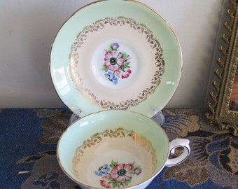 Vintage  Royal Grafton Bone China Teacup and Saucer, Mint Green Floral, Gold Trim Bone English China made in 1950s, Lovely colors,