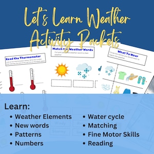 Pacote de atividades sobre o clima para a pré-escola: planilhas digitais para aprender vocabulário, ciclos da água, nuvens, correspondência, cartões de memória, cores e jogos divertidos.