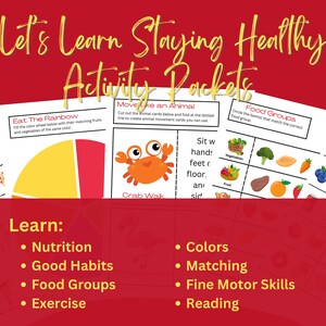 Könnte beinhalten: Lehrreiche Aktivitätspakete mit dem Text "Let's Learn Staying Healthy Activity Packets". Die Pakete enthalten Aktivitäten zu Ernährung, Lebensmittelgruppen und Bewegung. Die Pakete haben farbenfrohe Illustrationen von Früchten, Gemüse und einer Krabbe.
