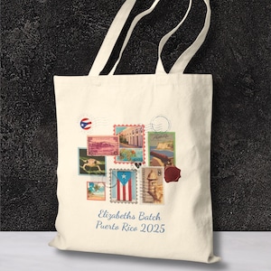 Puerto Rico Vintage Stamp Tote Bag, Vacation Bachelorette Tote, Wedding Girls Trip Gift, Personalized Travel Bag, Reusable Shopping Gift Bag