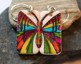 BUTTERFLY Mini domino hand painted earrings with sterling silver handmade ear hooks