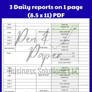 May include: A white PDF document with a blue border, designed for 3 daily reports on one 8.5 x 11 inch page. The document includes fields for date, driver, start and end locations, and expense tracking.