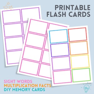 May include: Three sheets of printable flash cards with scalloped edges. The cards feature white centers with borders in purple, pink, blue, orange, yellow, and green. Text on the image reads PRINTABLE FLASH CARDS, SIGHT WORDS, MULTIPLICATION FACTS, DIY MEMORY CARDS.
