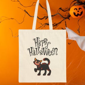 Halloween Cat Tote Bag, Vintage Black Cat Tote, Happy Halloween Candy Bag, Trick or Treat Bag, Halloween Canvas Tote Bag, Kids Tote