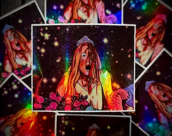 May include: A collection of stickers featuring a horror-themed illustration of a bride with blood on her face and dress. The bride is wearing a tiara and holding a bouquet of roses. The stickers have a holographic effect.