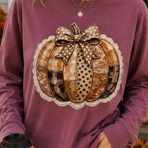 Patchwork Quilt Pumpkin PNG, Vintage Autumn Shirt Design, Cottagecore Bow (Digital Download)