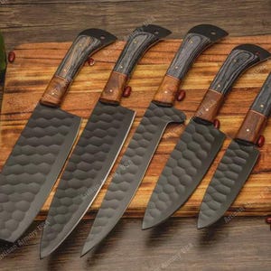 Hand Forged Carbon Steel Chef Set | Damascus Knife Set {Kitchen Knives-5Pcs} Chef Knife | ANNIVERSARY Gift | CHRISTMAS Gift Groomsmen Gift