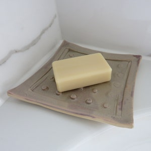 Large handmade soap dish, square stoneware dish in a lilac grey glaze