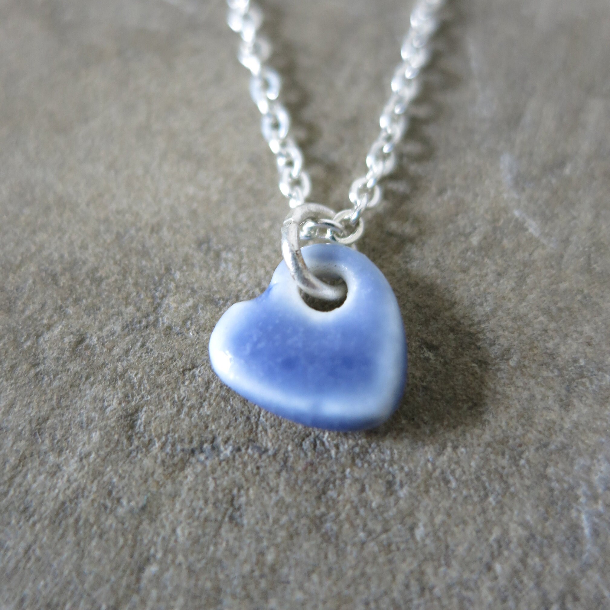 Tiny blue heart pendant necklace on silver plated trace chain Etsy