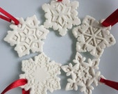 Porcelain snowflake decoration with red ribbon, white porcelain Christmas tree decoration, Porcelain Christmas decoration for the home