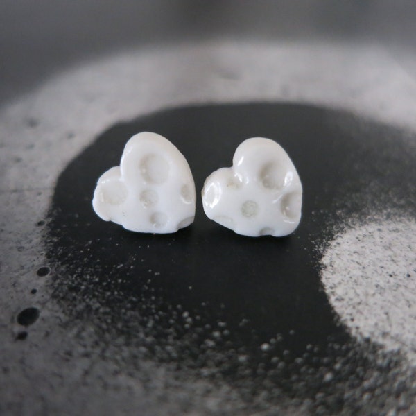 My snow white heart -  tiny porcelain earring studs