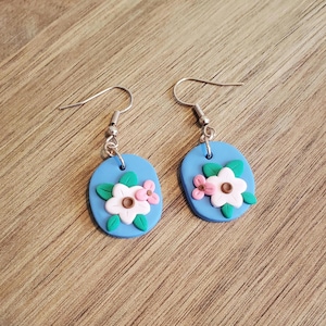 Oval Shaped Blue Earrings - with Delicate Pink Flowers | polymer clay | dangle style | gift for friend | jewelry for any occasion
