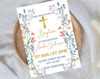 Invitación de bautizo con flores rosas: Plantilla de flores silvestres de primavera (descarga digital)